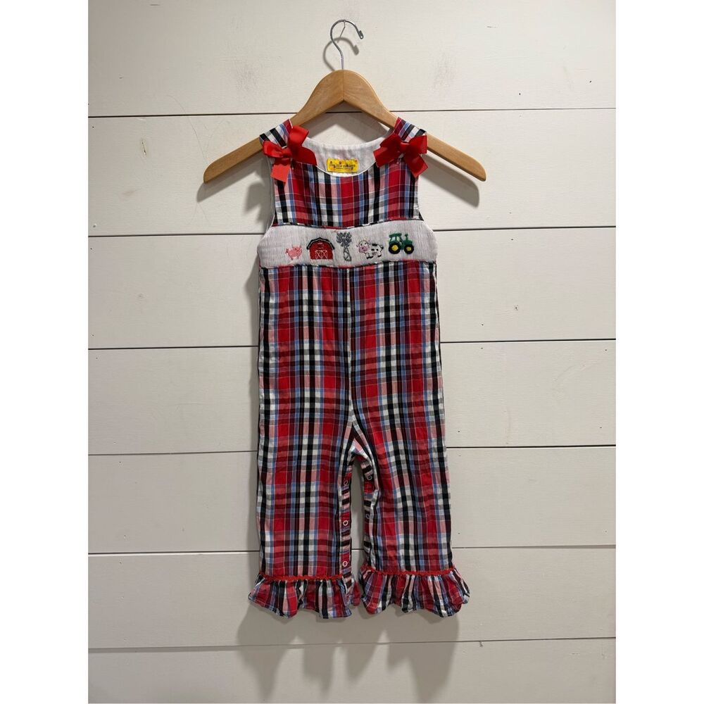 Five Little Monkeys Girls Smocked Flare Plaid Longalls Farm Sz 4